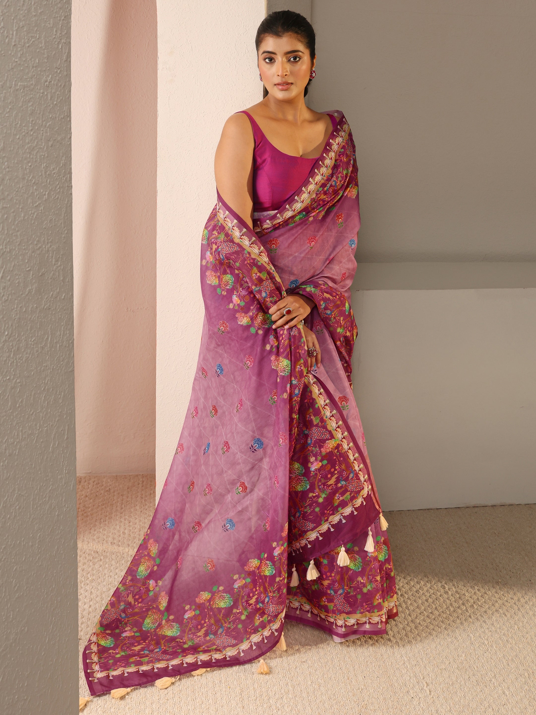 Purple Floral Printed Silk Blend Ombre Tassel Saree With Unstitched Blouse Piece-image-33