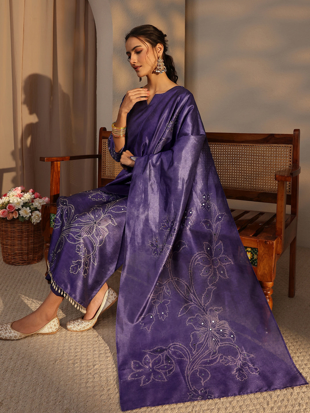  Purple Floral Printed Silk Blend Straight Suit Set With Dupatta 