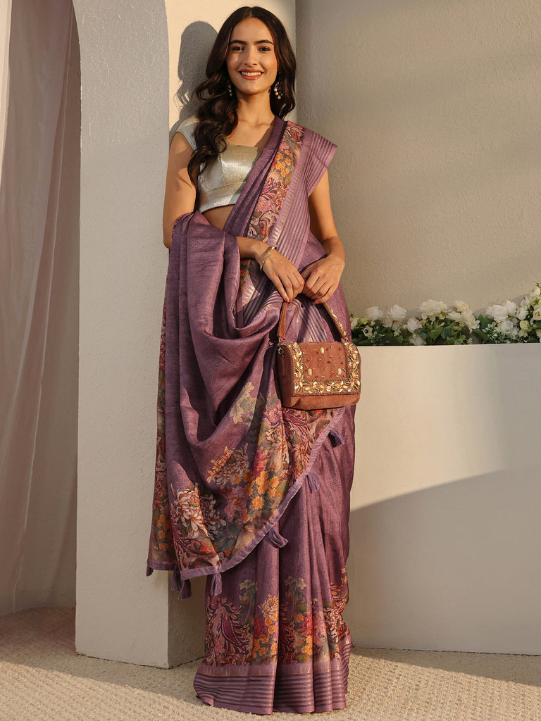 Libas Purple Floral Silk Blend Saree With Unstitched Blouse Piece