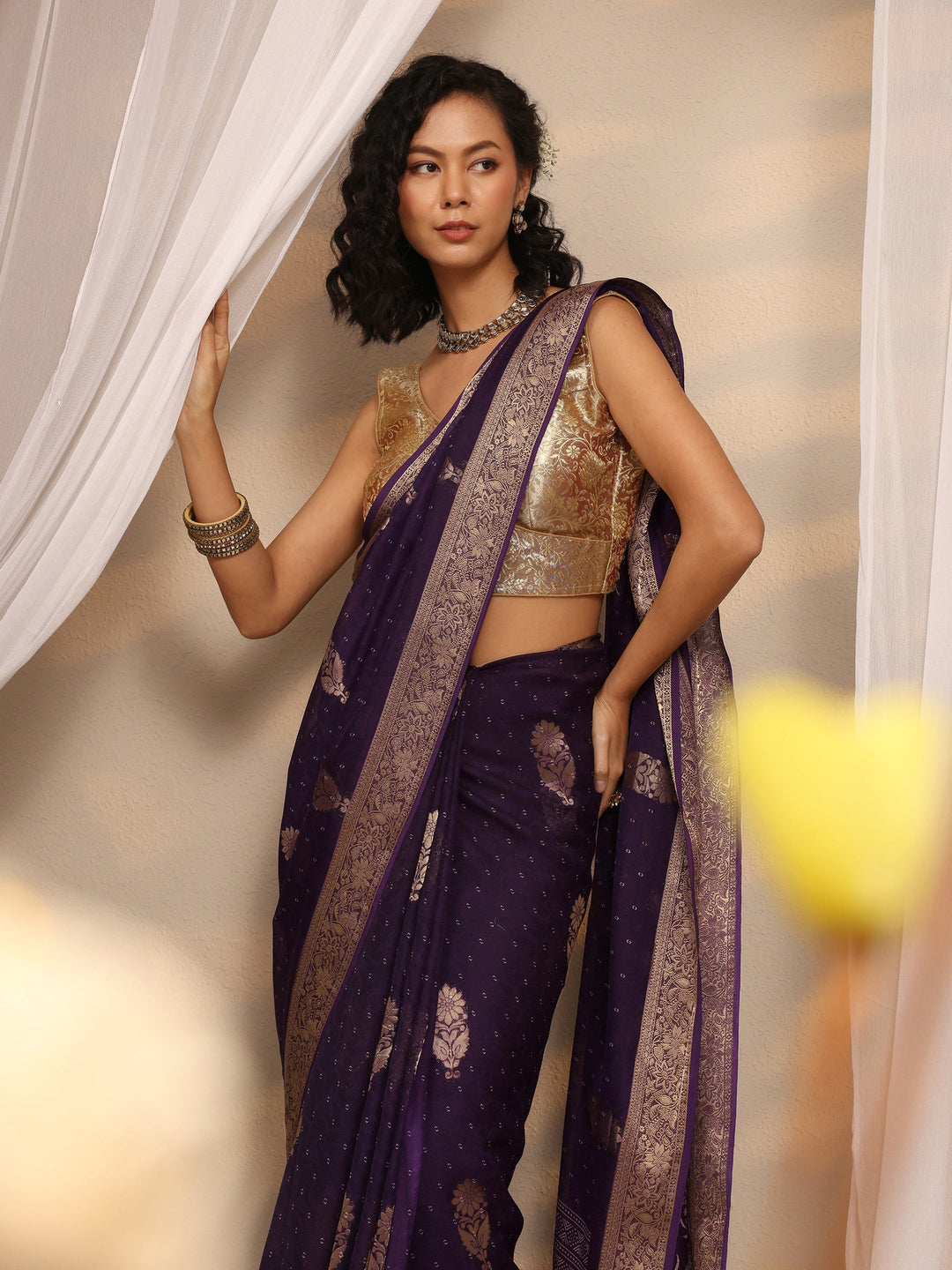 Purple Floral Woven Design Silk Blend Saree With Unstitched Blouse Piece