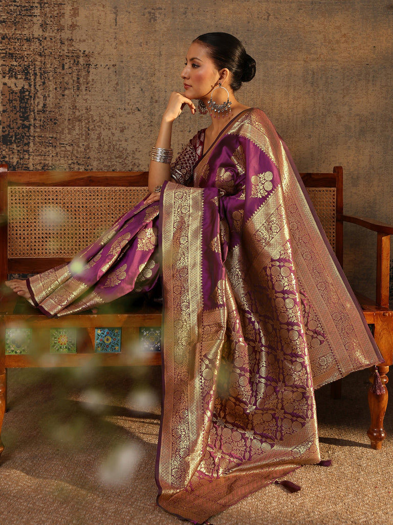 Libas Purple Floral Woven Design Silk Blend Saree With Unstitched Blouse Piece