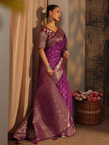Purple Floral Woven Design Silk Blend Saree With Unstitched Blouse Piece
