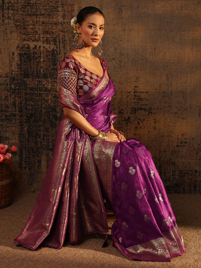 Libas Purple Floral Woven Design Silk Blend Saree With Unstitched Blouse Piece
