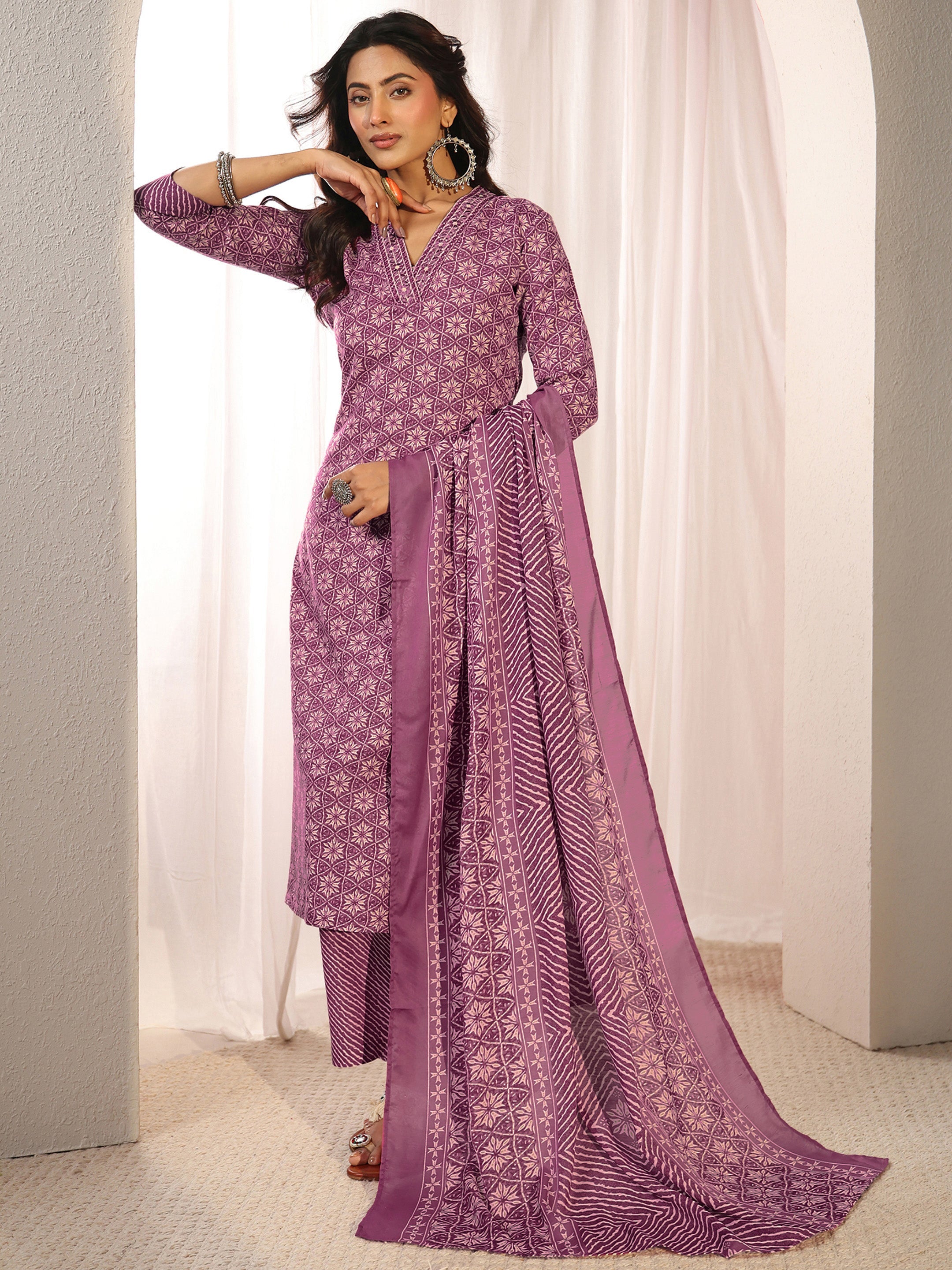 libas Purple Geometric Printed Cotton Blend Straight Suit Set With Dupatta-picture-29