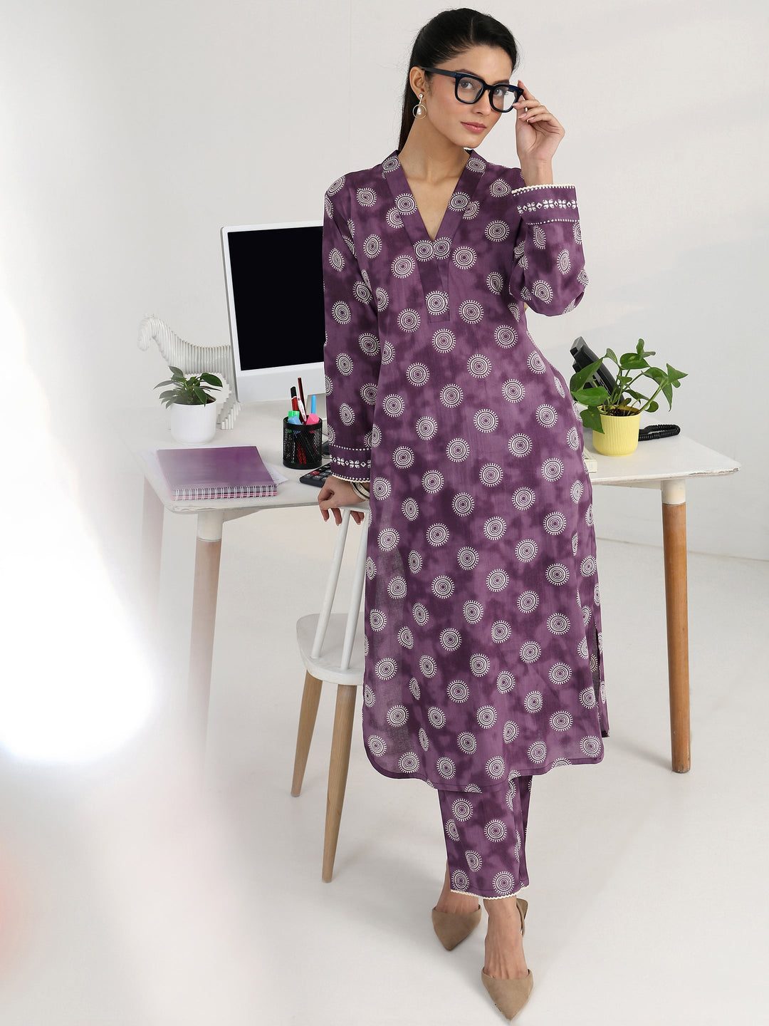 Purple Geometric Woven Design Cotton Blend Straight Kurta Set