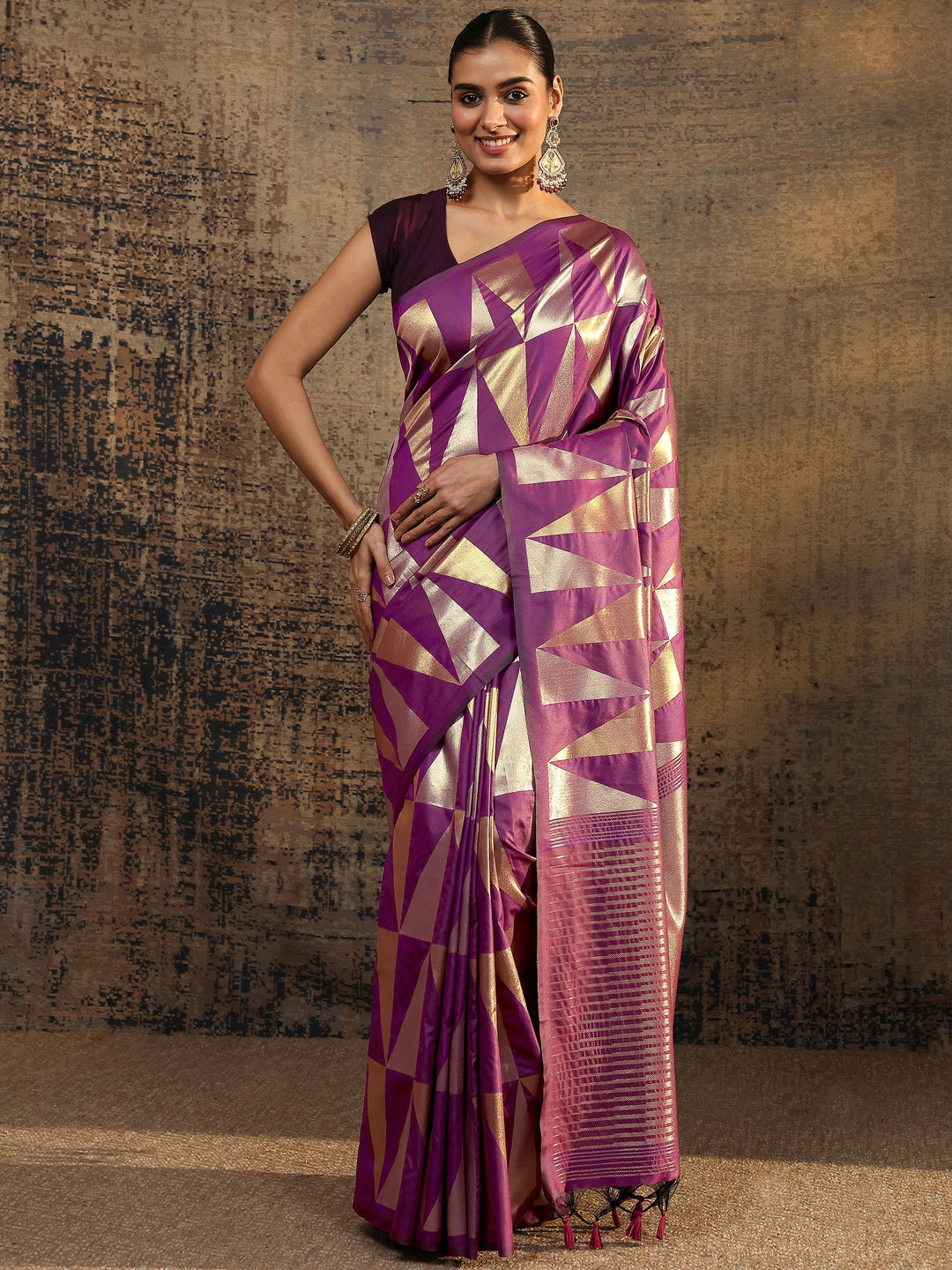  Purple Geometric Woven Design Silk Blend Saree With Unstitched Blouse Piece 