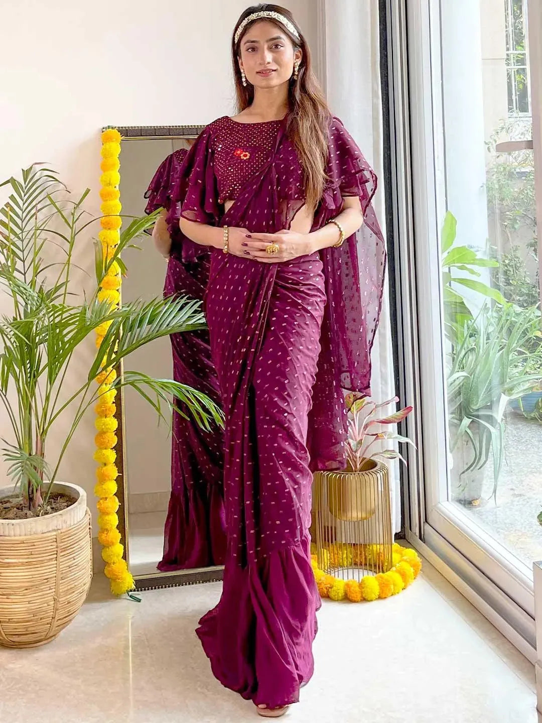 Purple Georgette Ready to Wear Saree - Libas