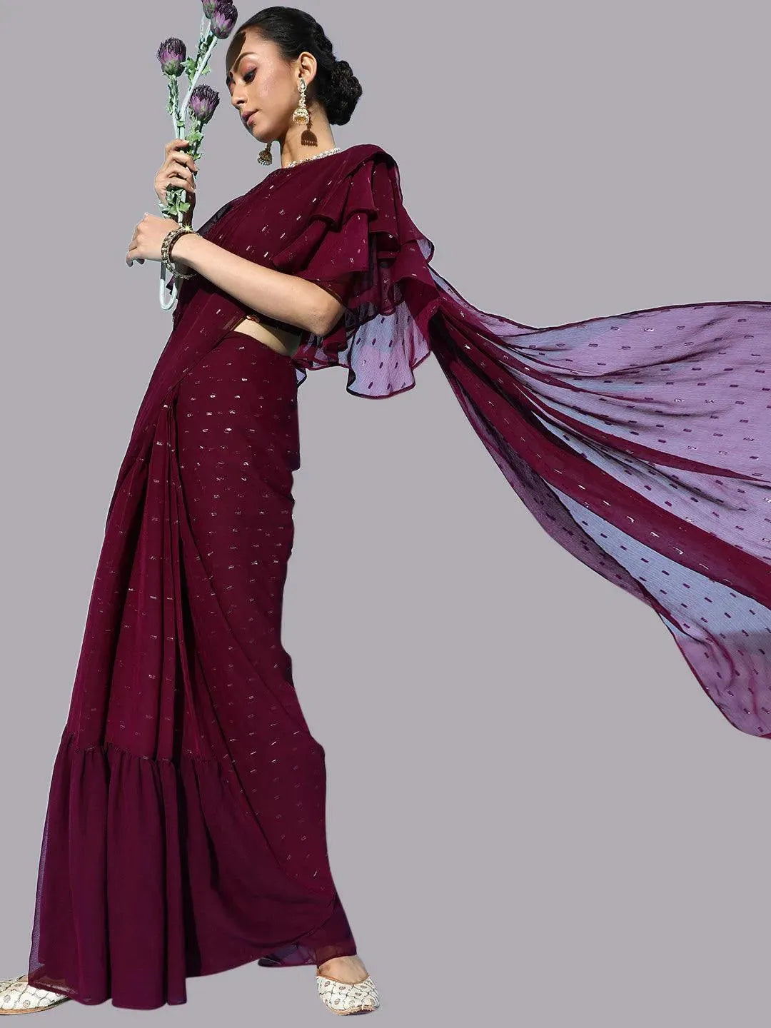 Purple Georgette Ready to Wear Saree - Libas