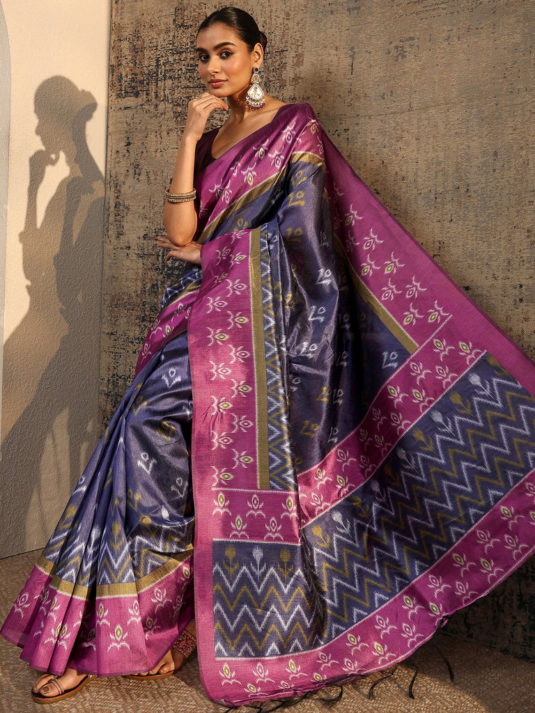 Libas Purple Ikat Printed Silk Saree With Unstitched Blouse Piece