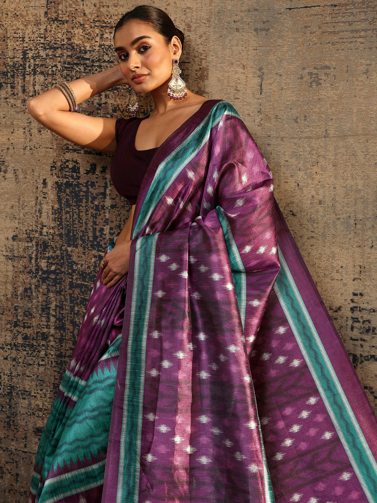 Libas Purple Ikat Printed Silk Saree With Unstitched Blouse Piece