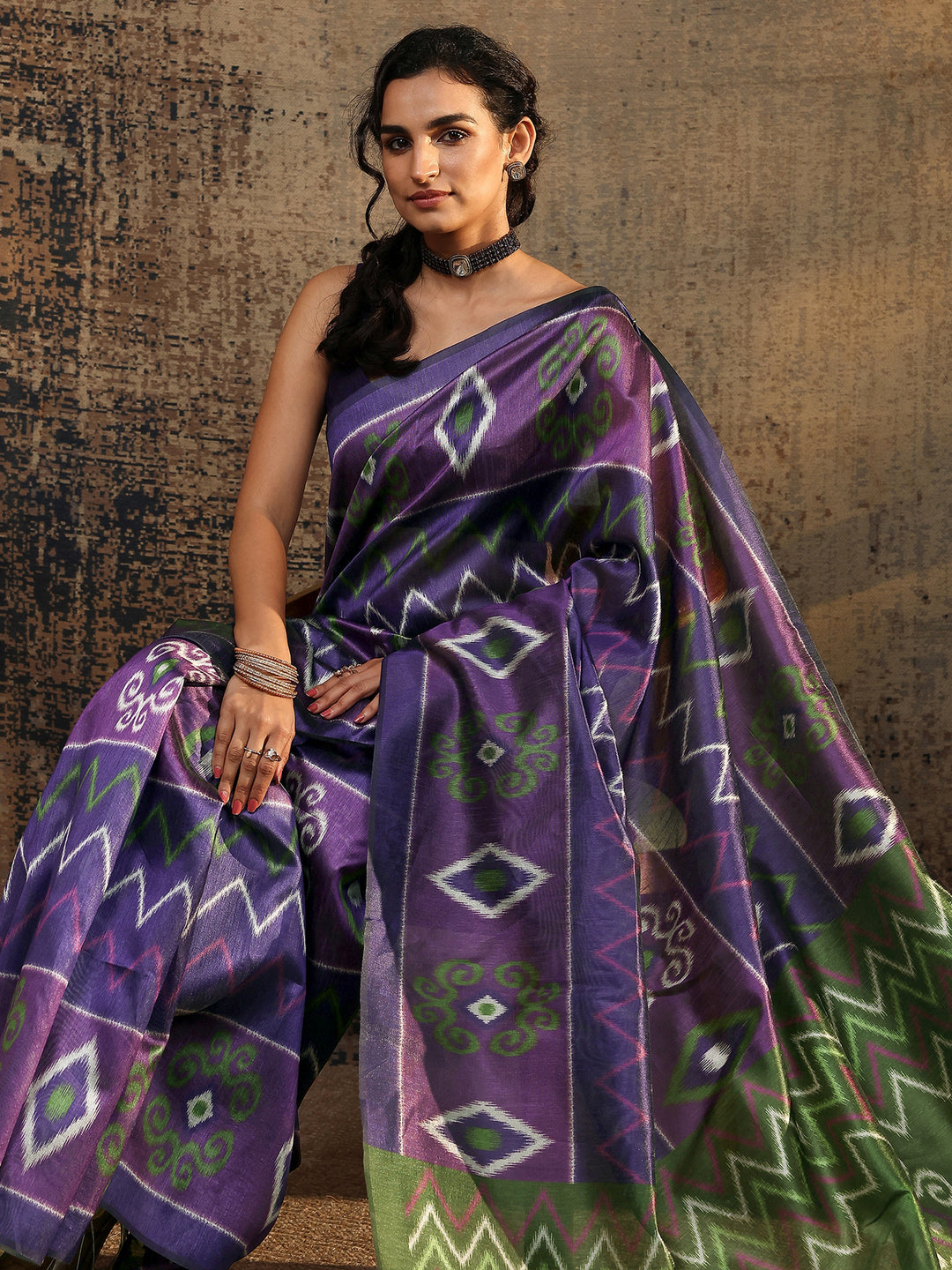 Purple Ikat Printed Silk Saree With Unstitched Blouse Piece