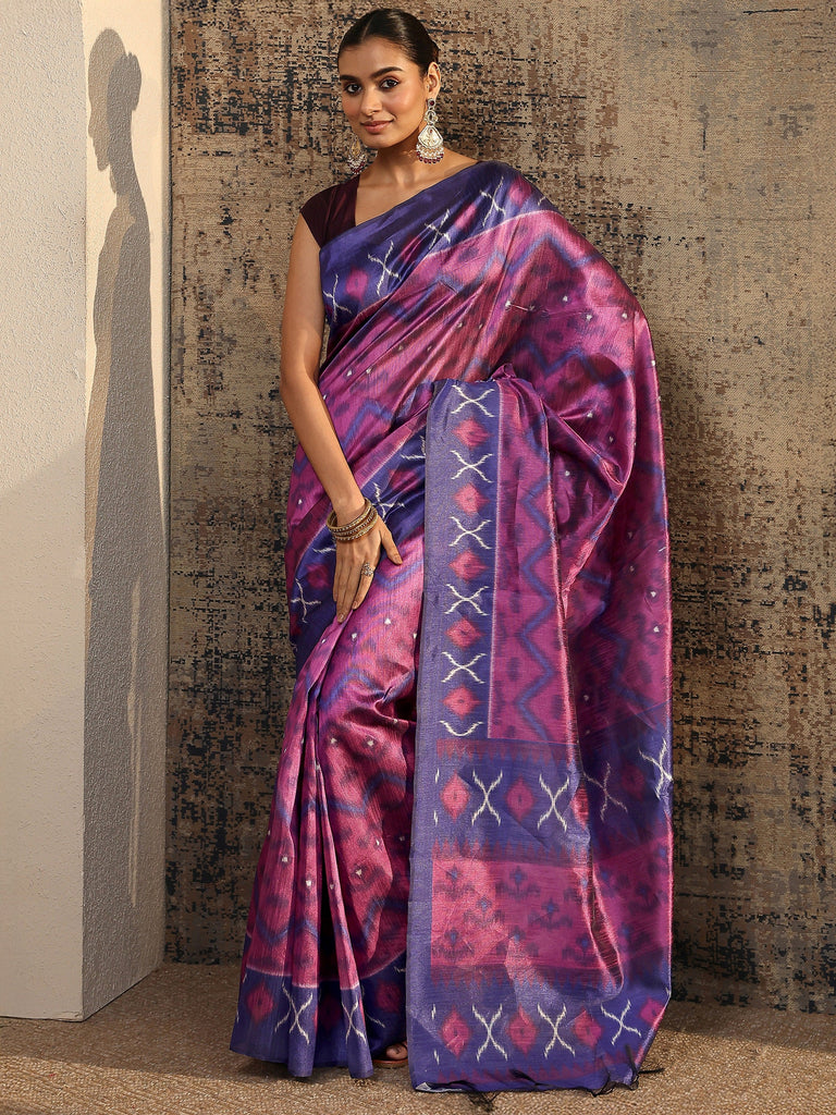 Libas Purple Ikat Printed Silk Saree With Unstitched Blouse Piece