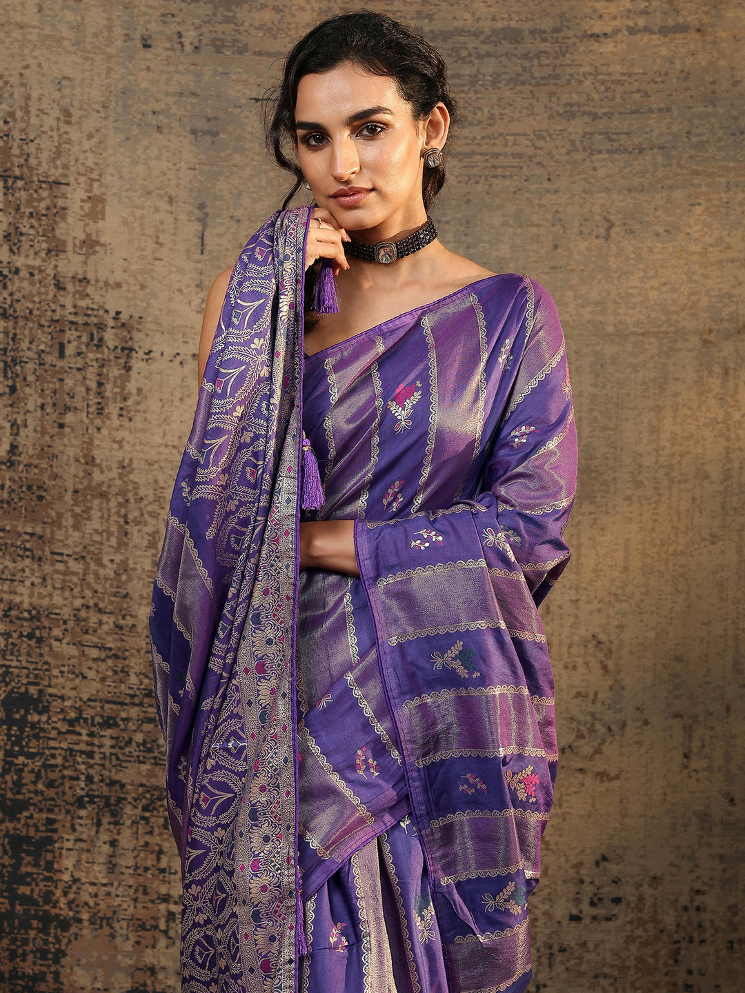Purple Ikat Woven Design Silk Blend Saree With Unstitched Blouse Piece