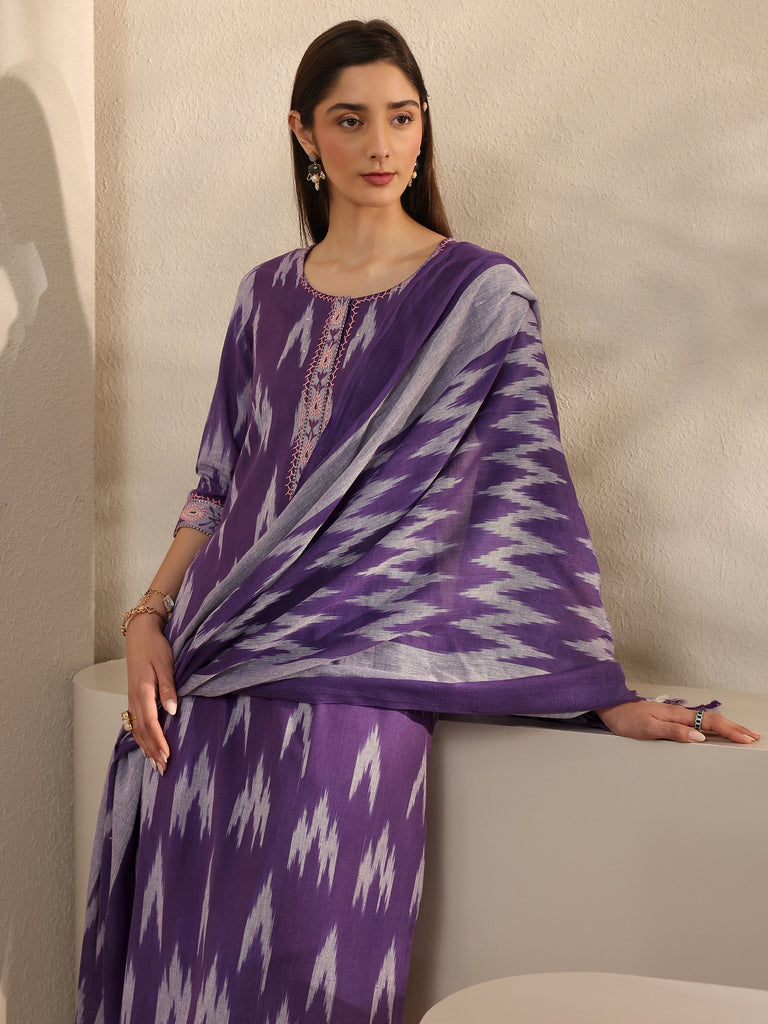 Libas Purple Ikkat Printed Cotton Straight Suit Set With Dupatta
