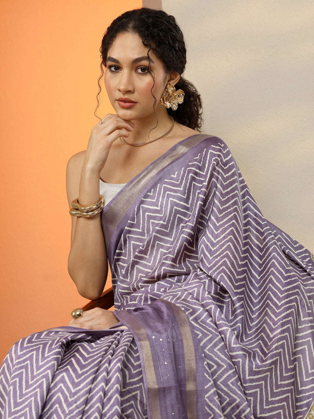  Purple Leheriya Printed Silk Blend Saree With Unstitched Blouse Piece 