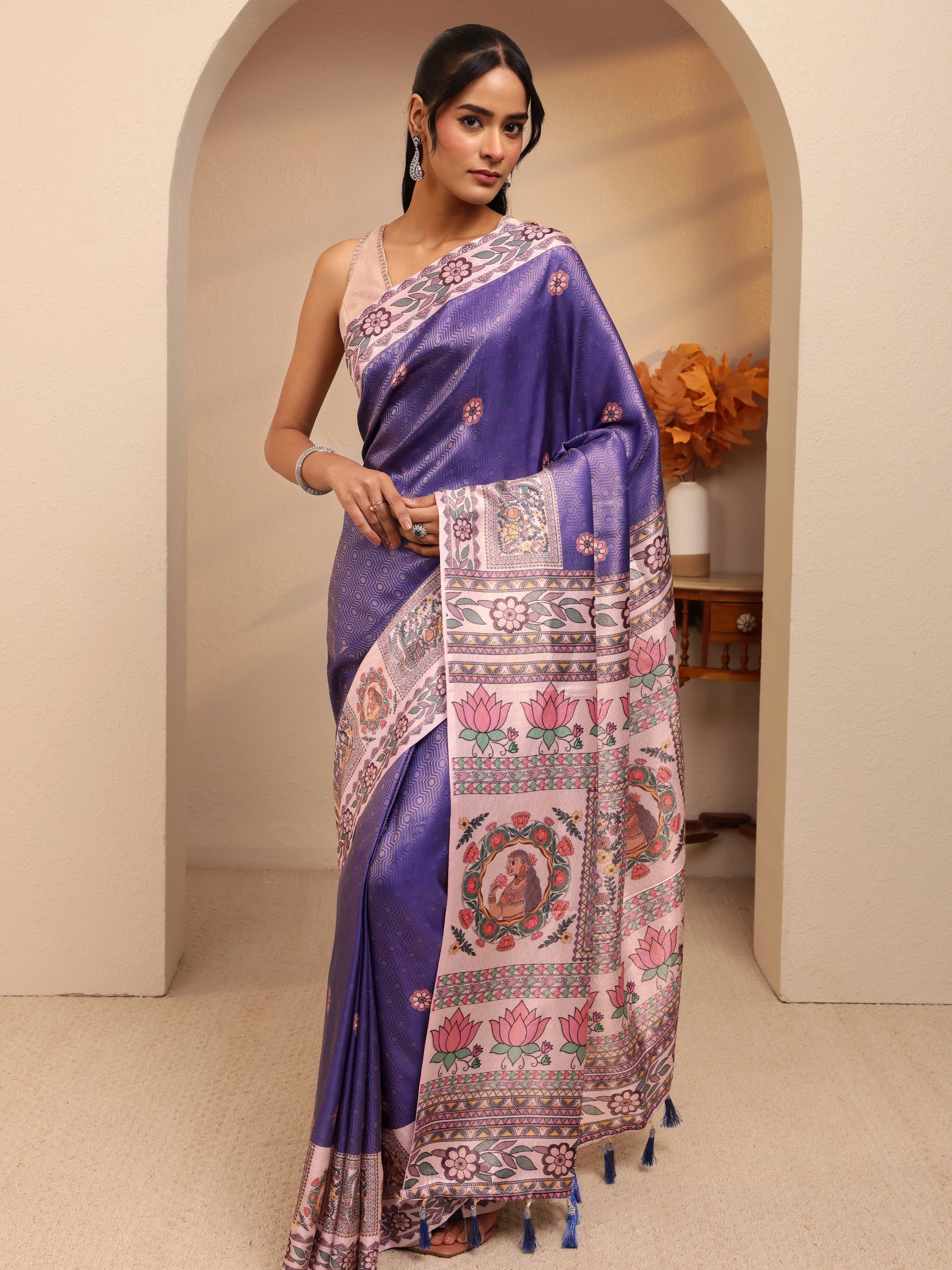 libas Purple Madhubani Print Silk Blend Saree-picture-48
