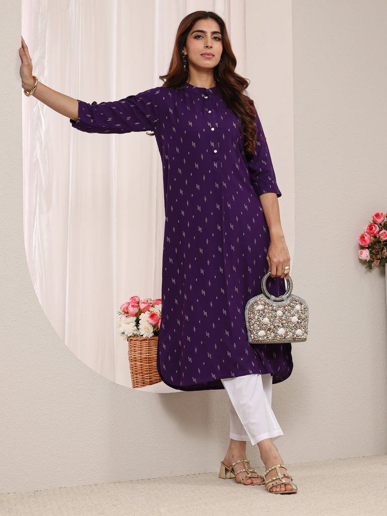 Libas Purple Mandarin Collar Embroidered Rayon Straight Kurta