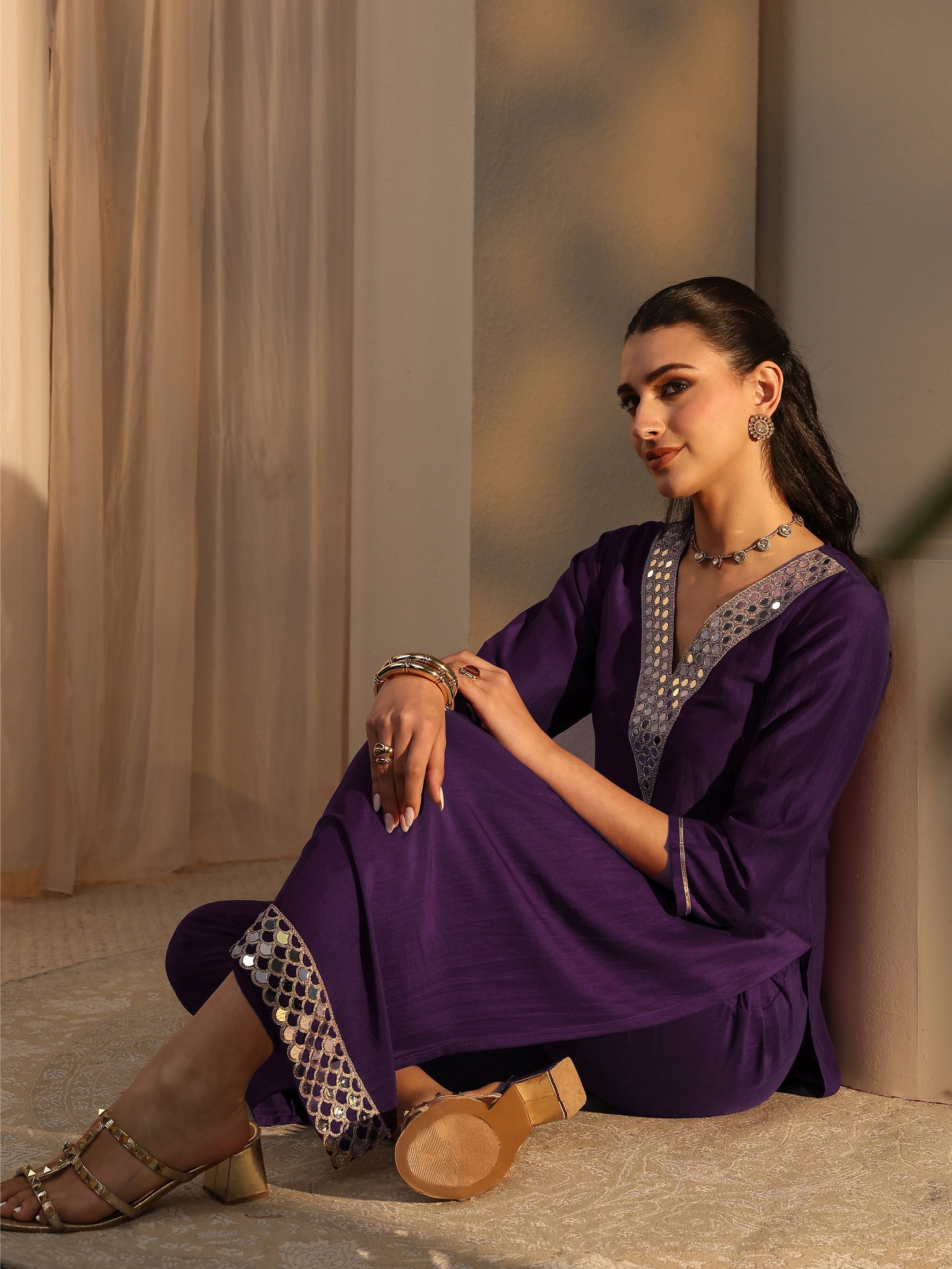 Purple Mirror Work Yoke Design Silk Blend Straight Kurta Set-image-32
