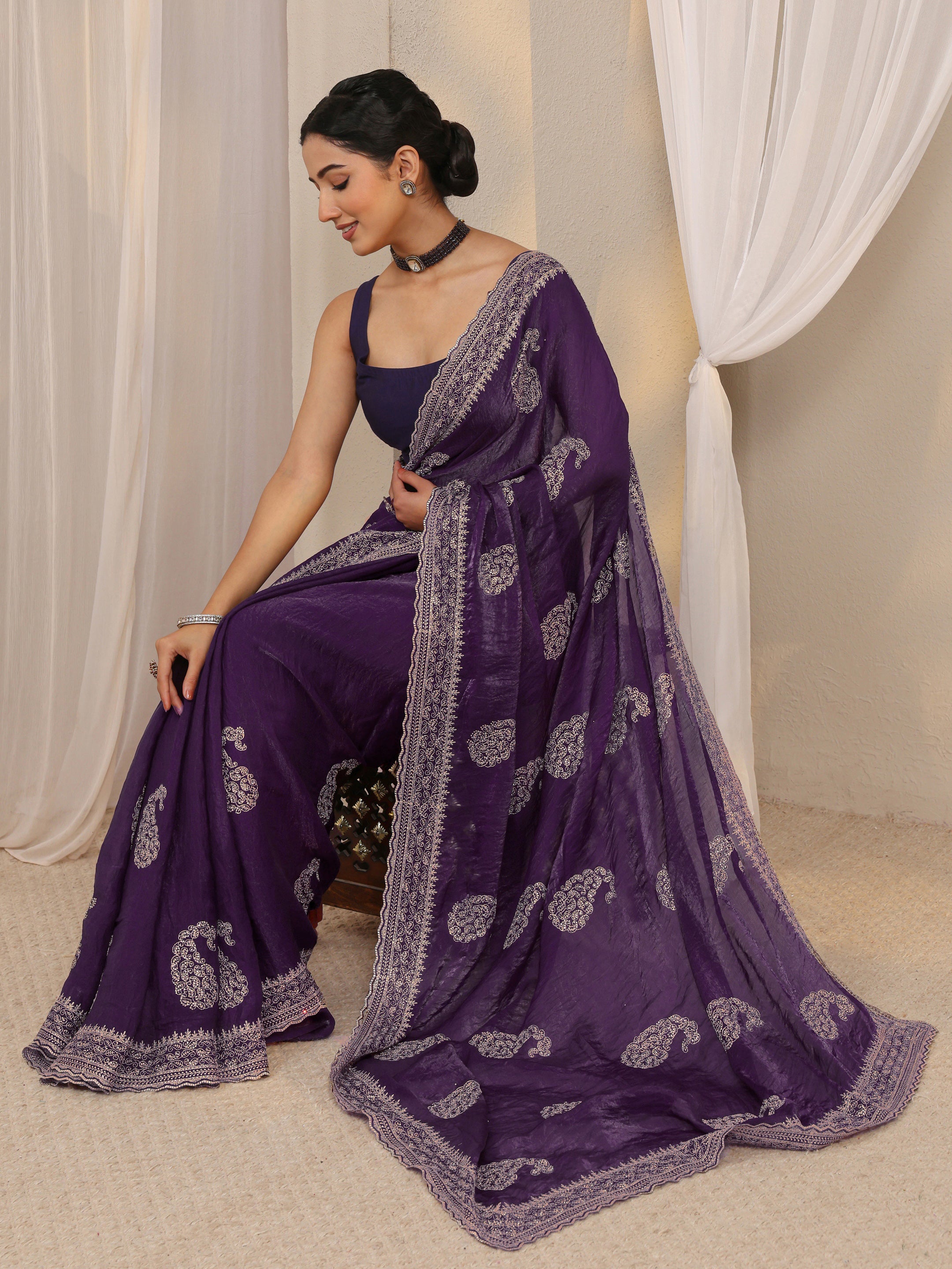 libas Purple Paisley Embellished Tissue Saree With Unstitched Blouse Piece-picture-38