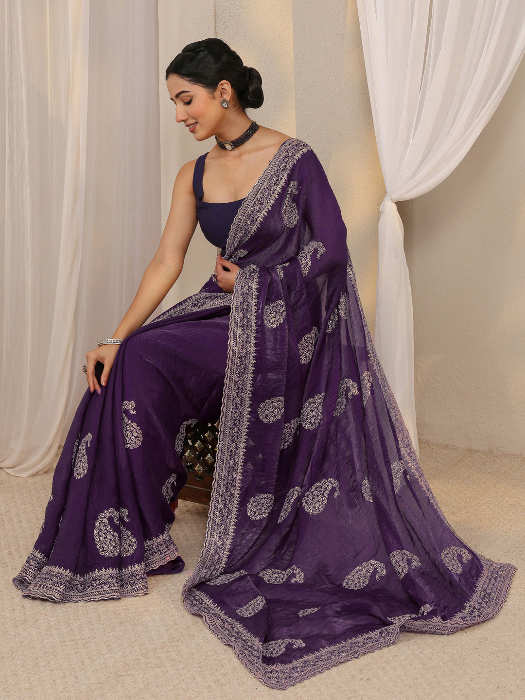 Purple Paisley Embellished Tissue Saree With Unstitched Blouse Piece