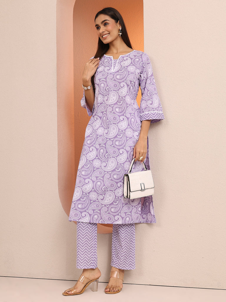 Libas Purple Paisley Printed Cotton Straight Kurta Set
