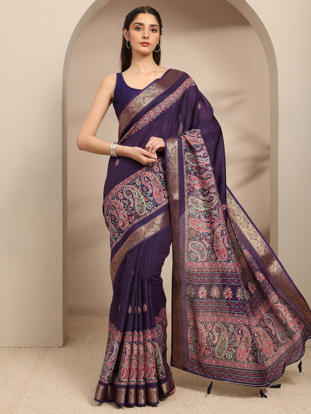  Purple Paisley Printed Silk Blend Saree With Unstitched Blouse Piece 