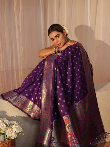 Purple Paithani Silk Blend Saree