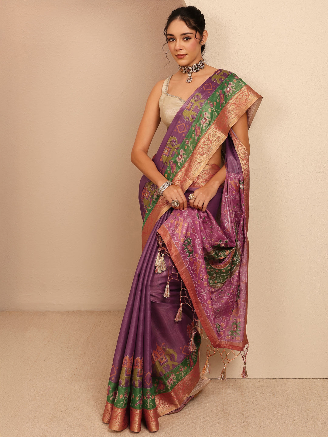 Purple Patola Border Silk Blend Saree 