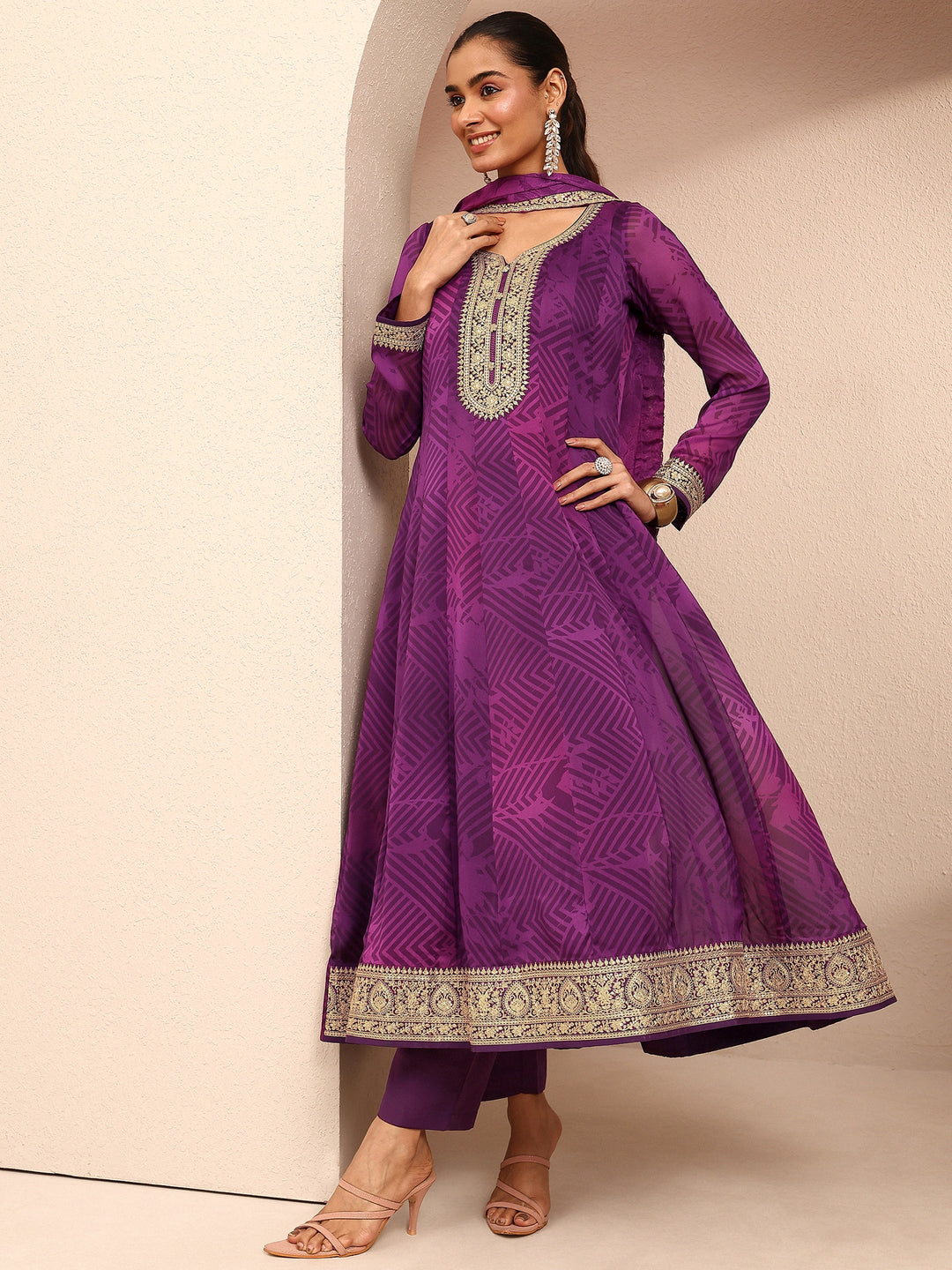 Purple Printed Chiffon Anarkali Suit Set With Dupatta