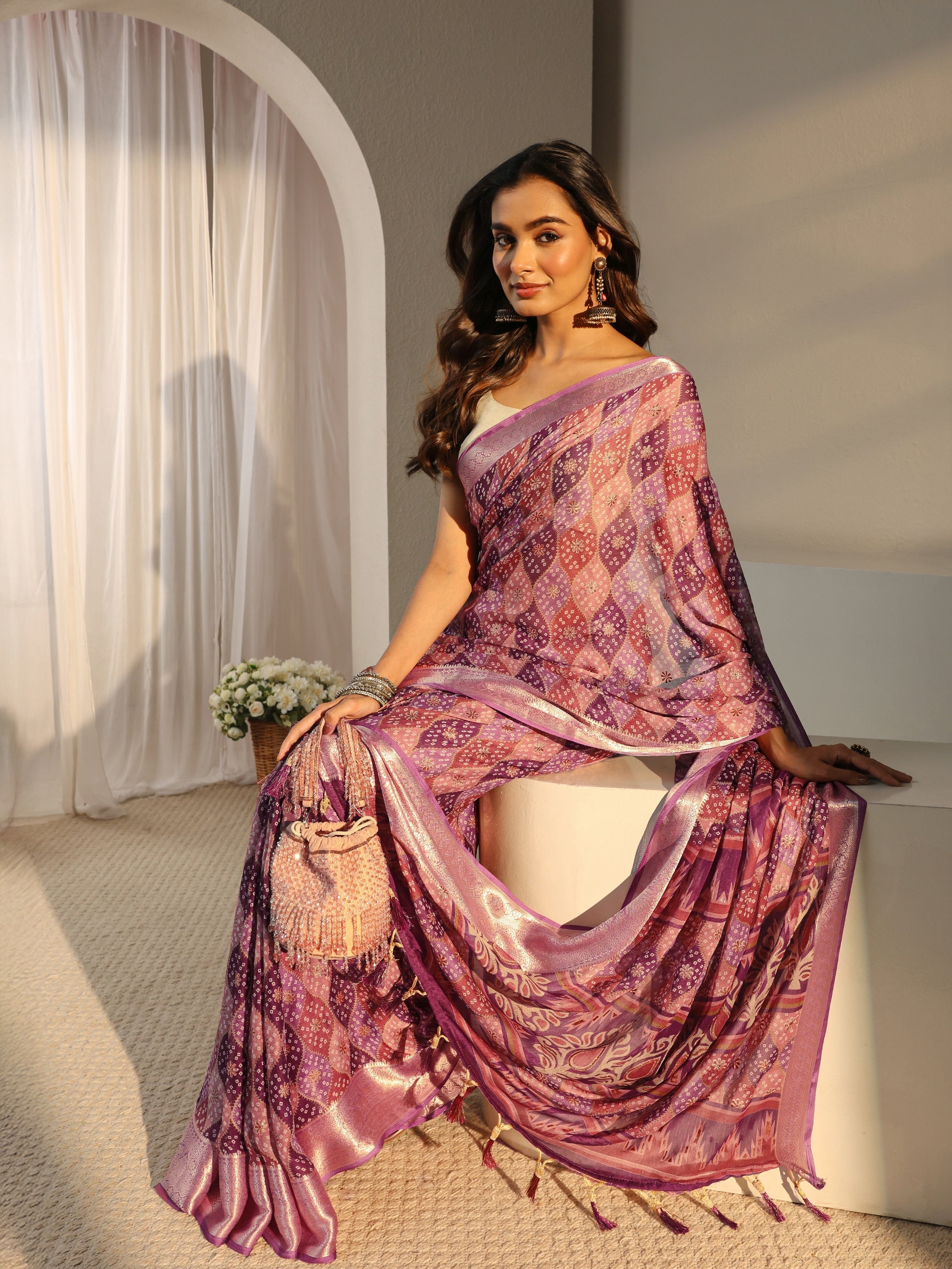 libas Purple Printed Chiffon Saree With Unstitched Blouse Piece-picture-44