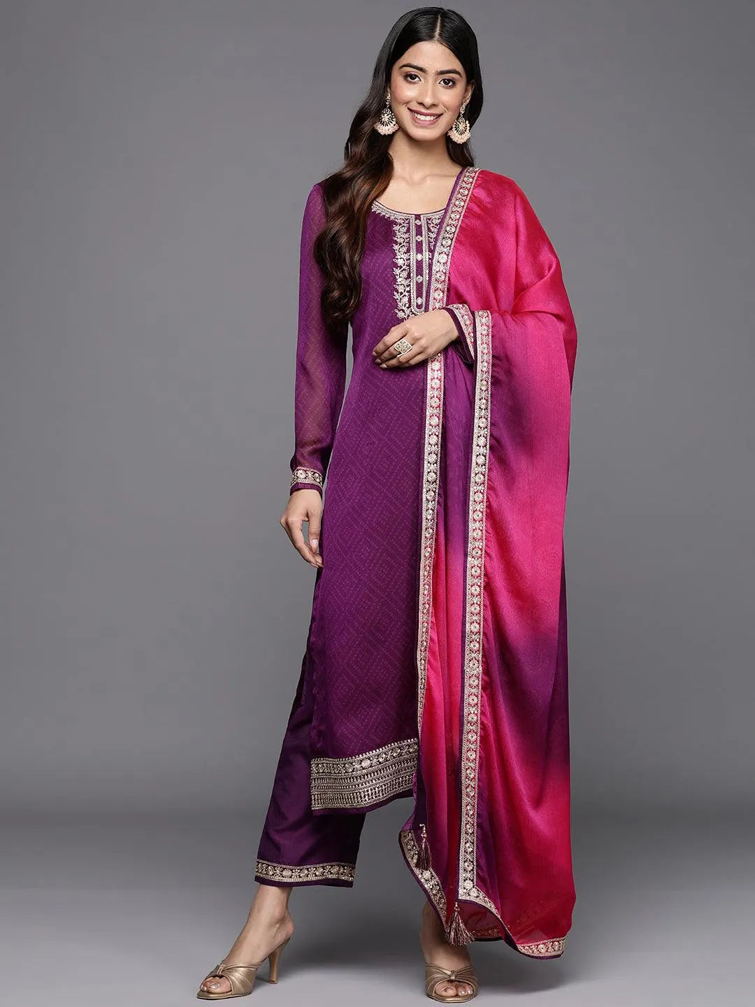 Purple Printed Chiffon Straight Kurta With Trousers & Dupatta