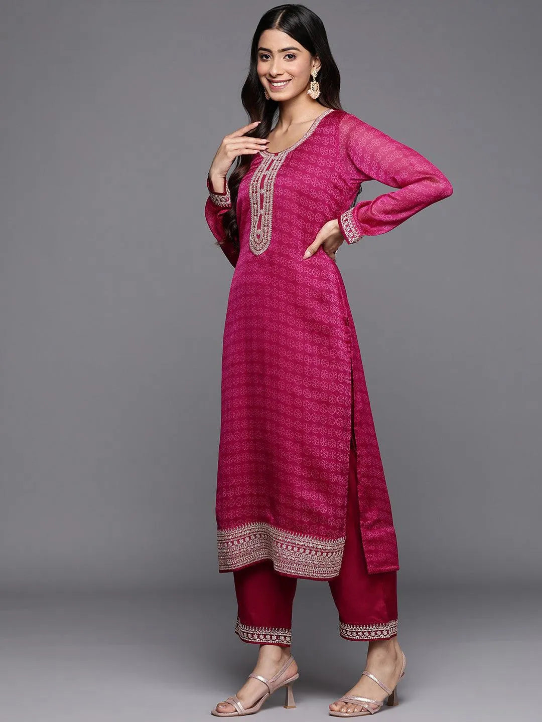 Purple Printed Chiffon Straight Suit Set With Trousers - Libas