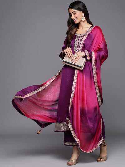 Purple Printed Chiffon Straight Suit Set With Trousers - Libas
