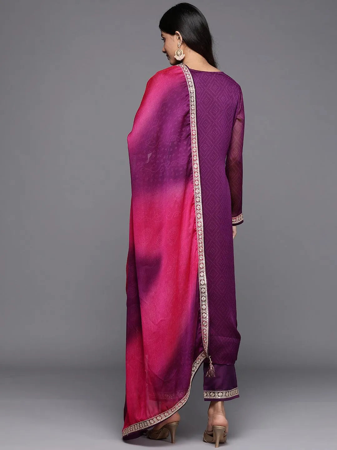 Purple Printed Chiffon Straight Kurta With Trousers & Dupatta - Libas