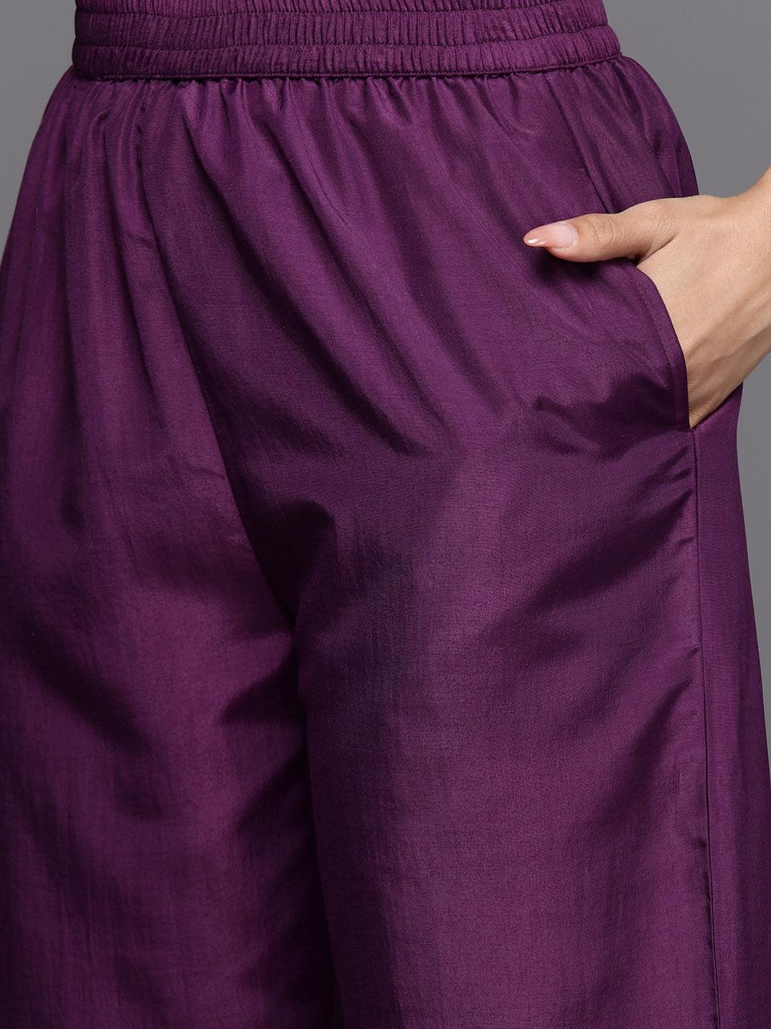 Purple Printed Chiffon Straight Kurta With Trousers & Dupatta