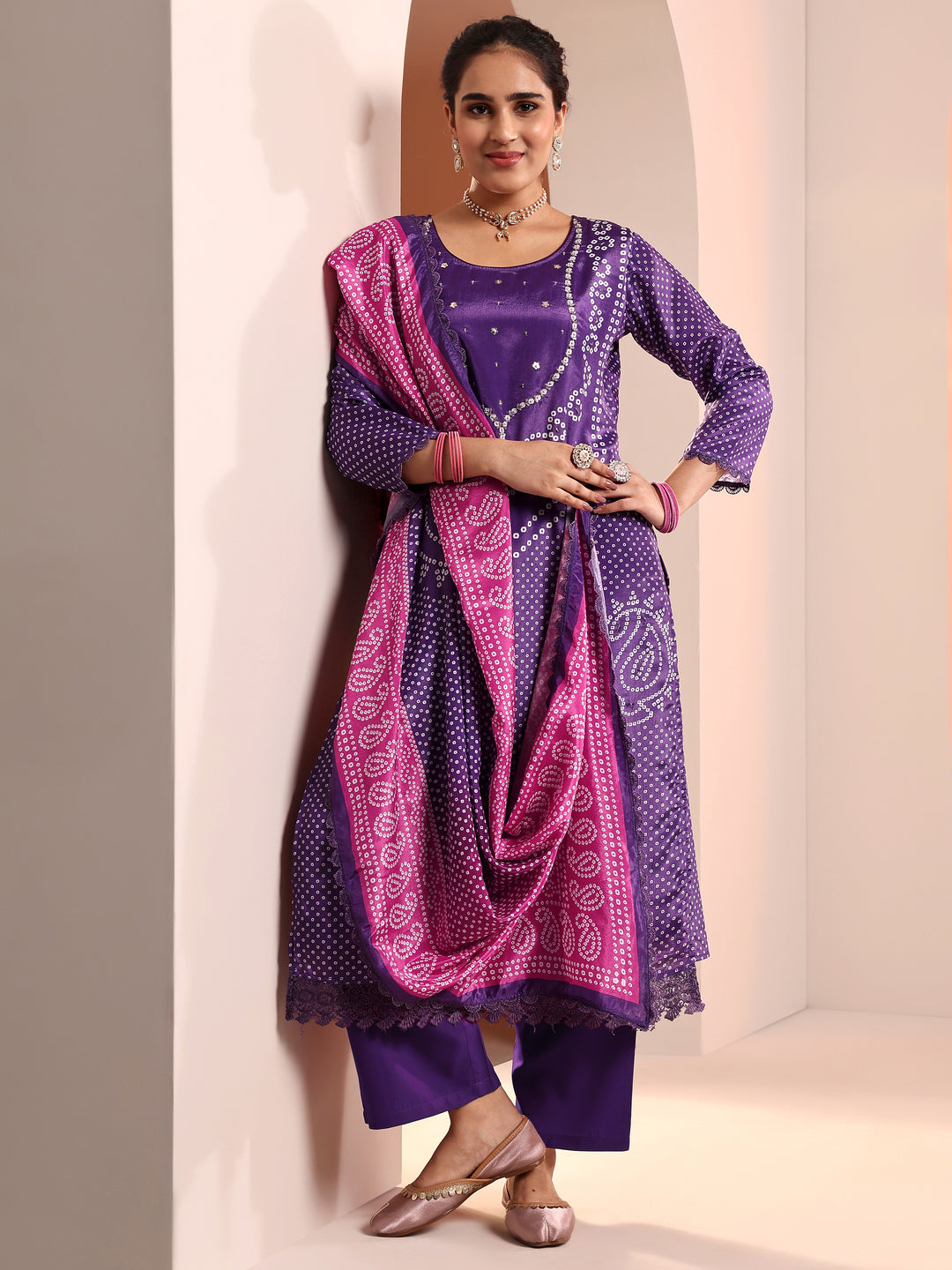 Purple Printed Chinon Straight Suit Set With Dupatta