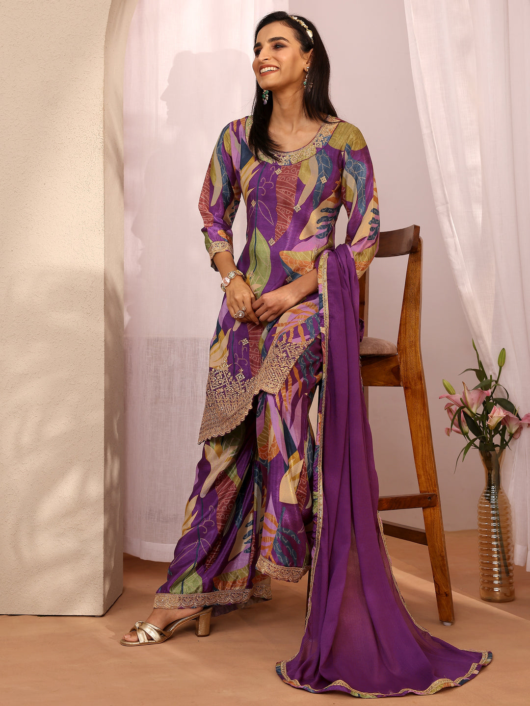 Purple Printed Chinon Straight Suit Set With Dupatta