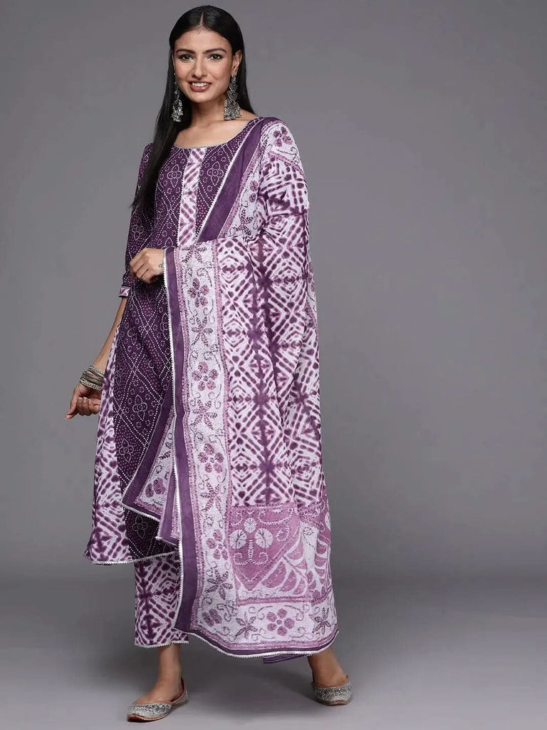 Libas Purple Printed Cotton A-Line Kurta With Dupatta