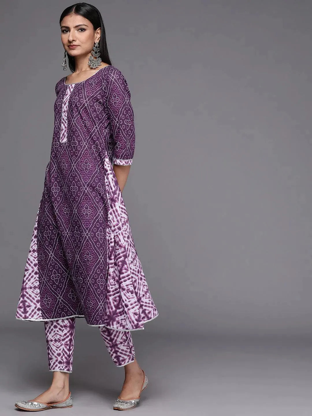 Purple Printed Cotton A-Line Suit Set - Libas 