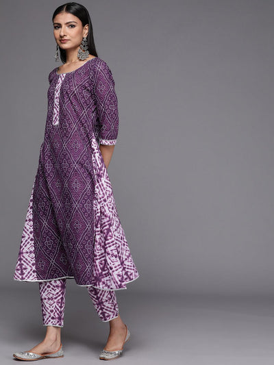 Purple Printed Cotton A-Line Suit Set - Libas