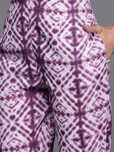 Purple Printed Cotton A-Line Suit Set - Libas