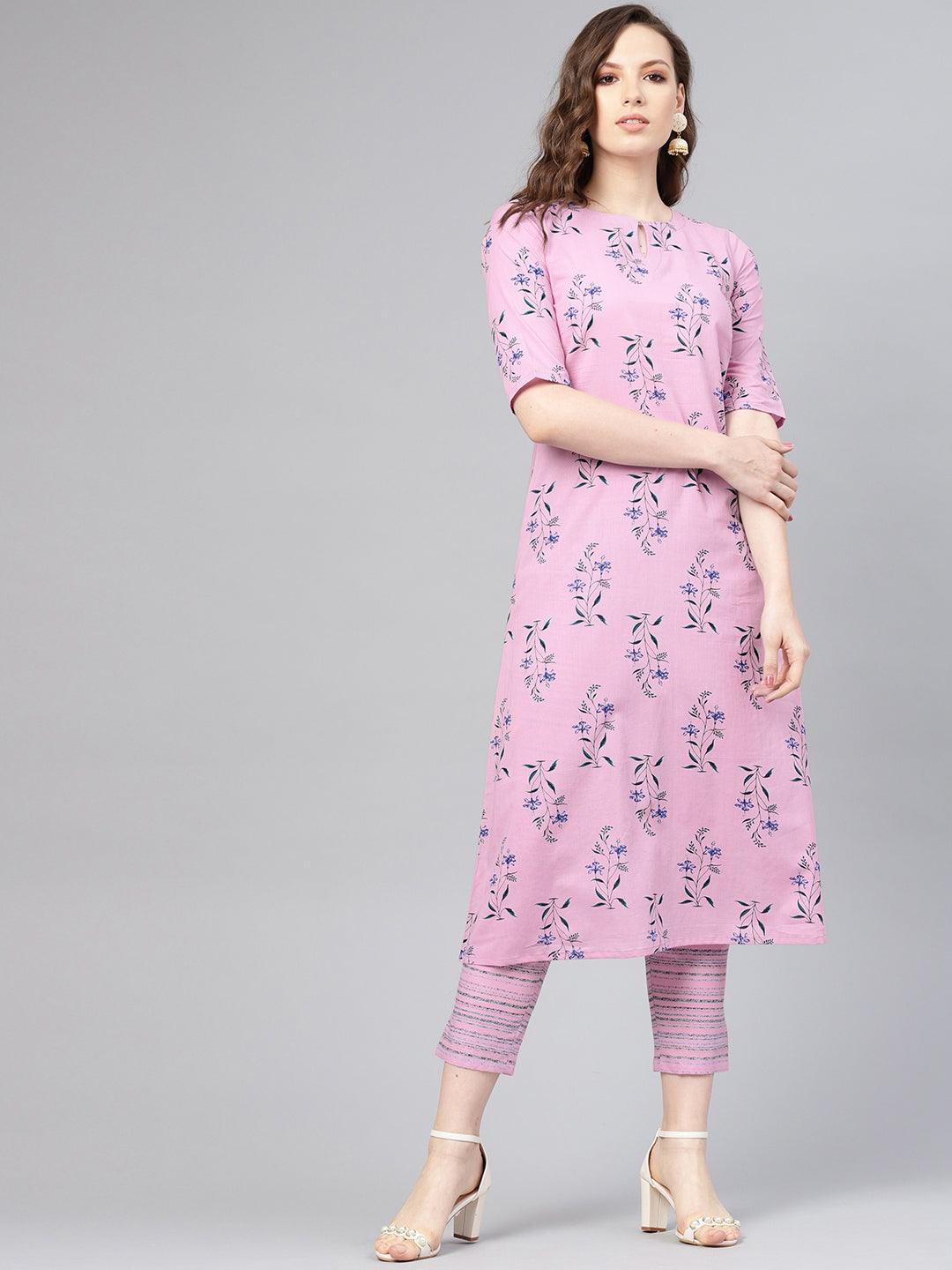 Purple Printed Cotton A-Line Kurta With Trousers