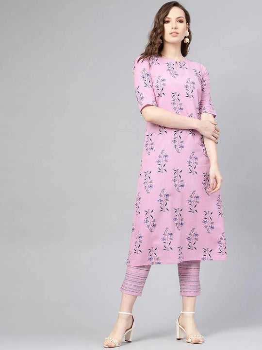Purple Printed Pure Cotton A-Line Kurta Trousers Set