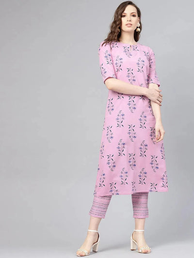 Purple Printed Cotton Kurta Set - Libas