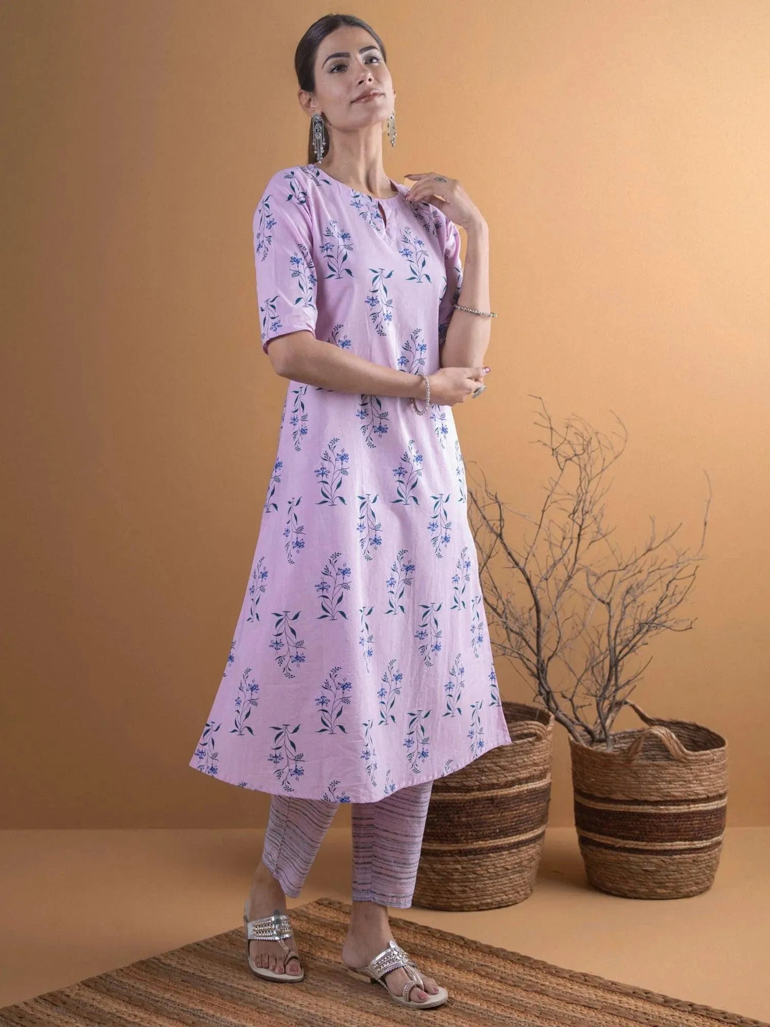 Purple Printed Cotton A-Line Kurta With Trousers