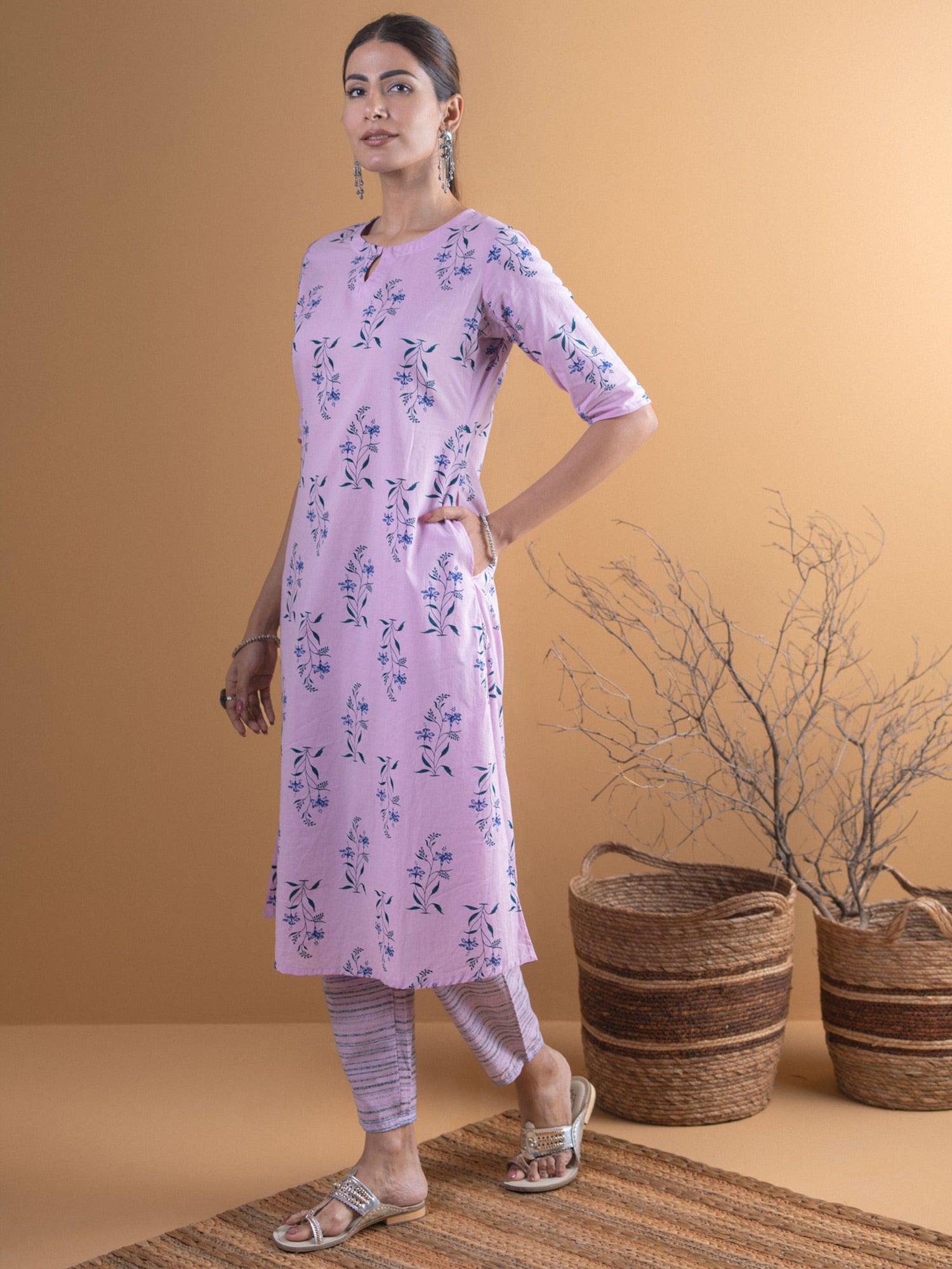 Purple Printed Cotton A-Line Kurta With Trousers