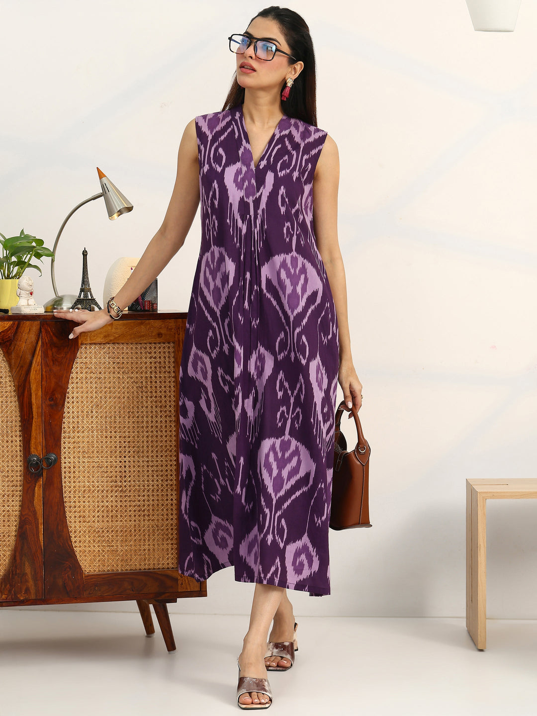  Purple Printed Cotton A-Line Sleeveless One Piece Dress 