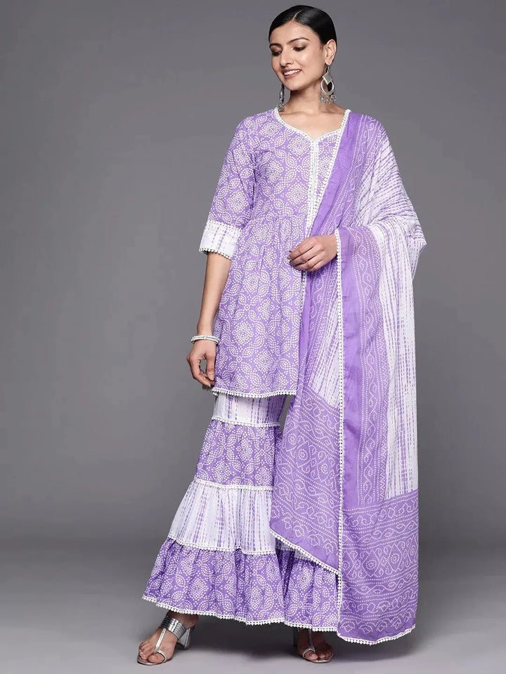 Purple Printed Cotton Anarkali Sharara Suit Set - Libas