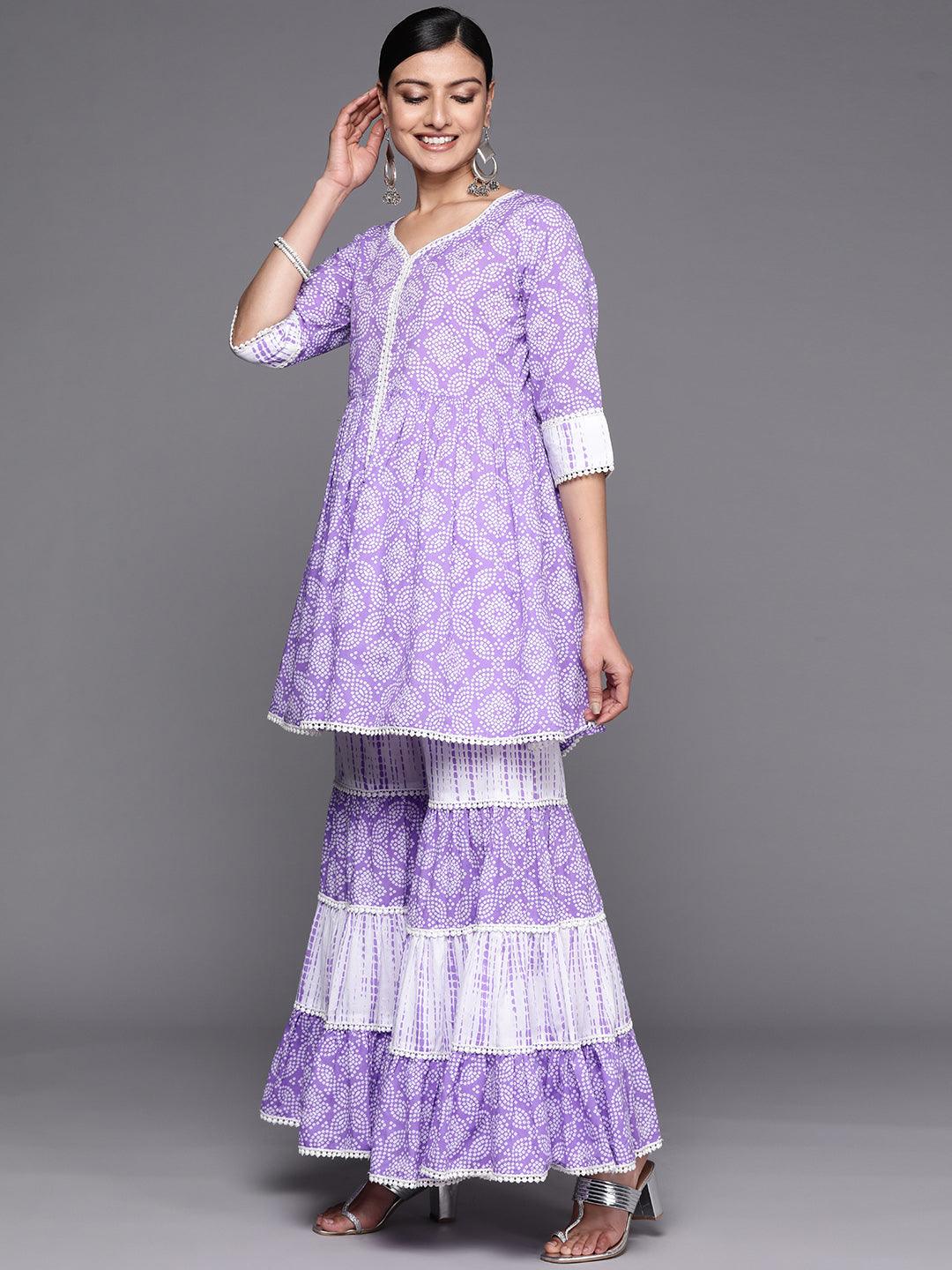 Purple Printed Cotton Anarkali Sharara Suit Set - Libas