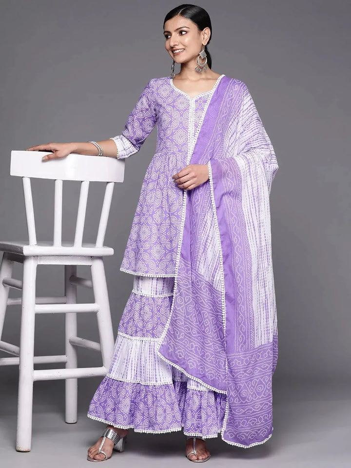 Purple Printed Cotton Anarkali Sharara Suit Set - Libas